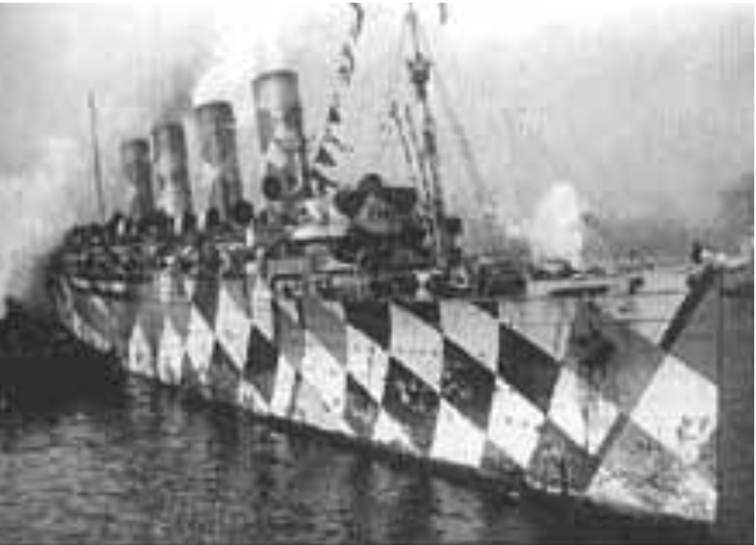 HMS Mauretania, with “razzle dazzle” warship camouflage, 1918